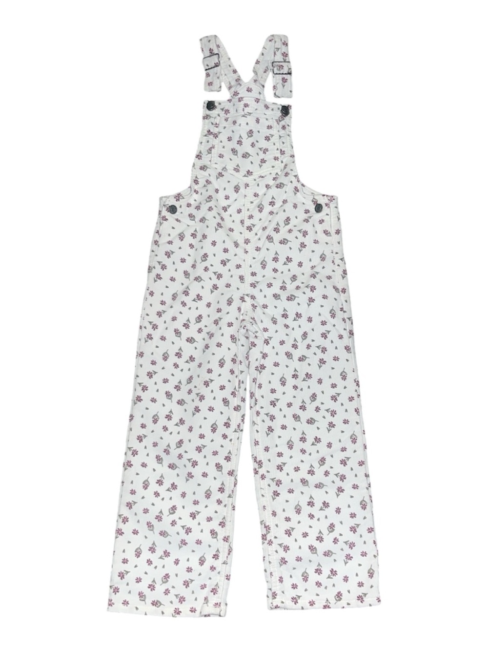 okie dokie White Corduroy Overalls with Small Floral Print